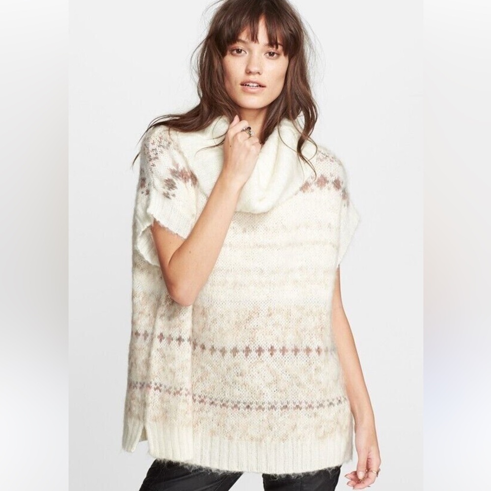 Free People Cream Brown Fair Isle Turtleneck Sweater Sleeveless Knit Cozy